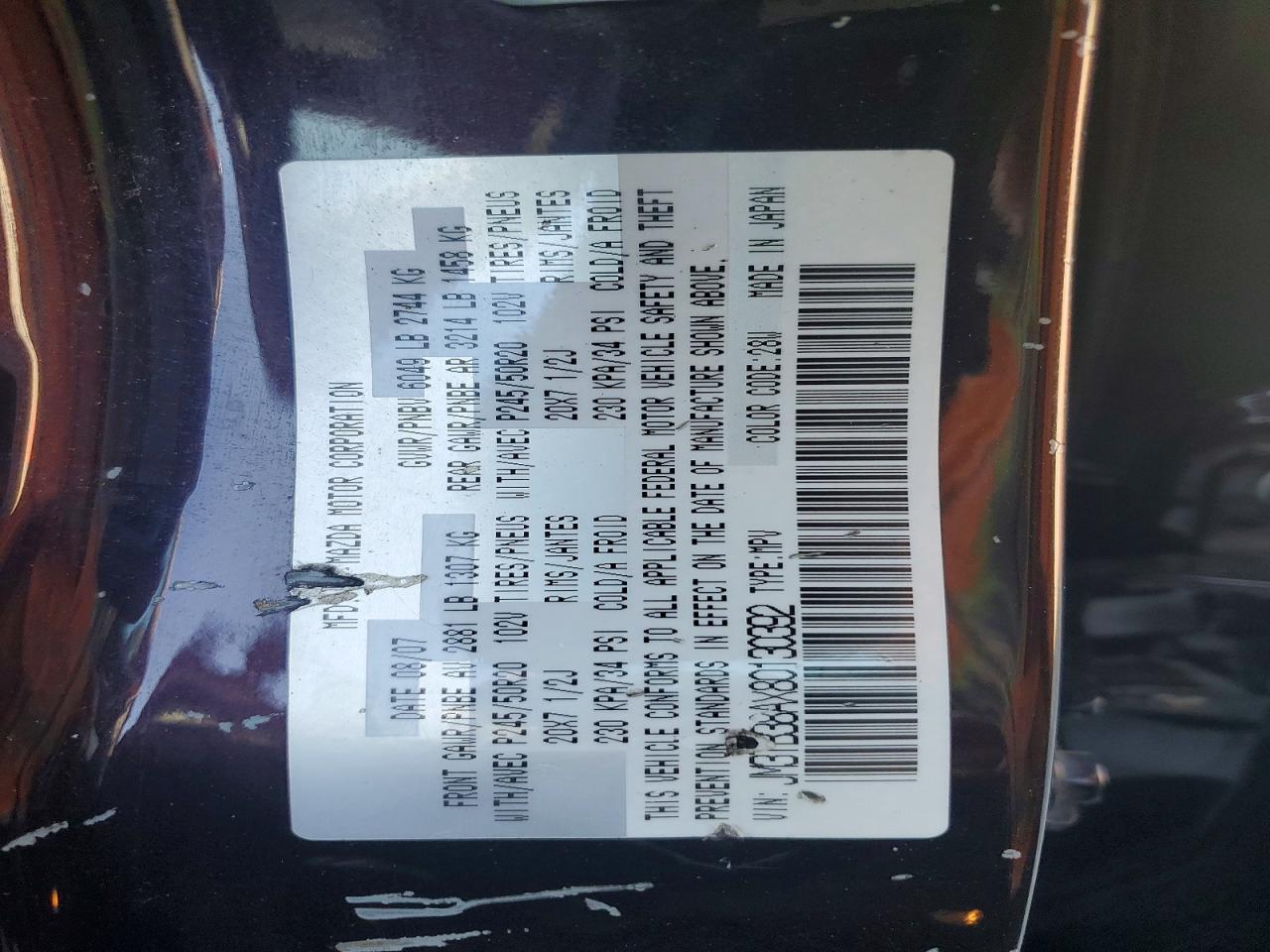 2008 Mazda Cx-9 Black vin: JM3TB38AX80130392