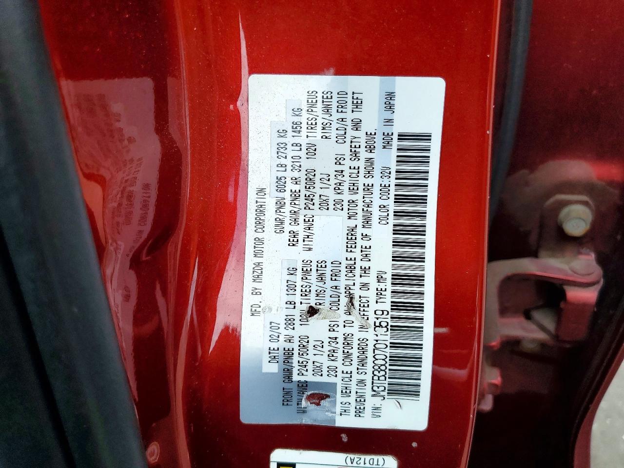 2007 Mazda Cx-9 Red vin: JM3TB38C070113519