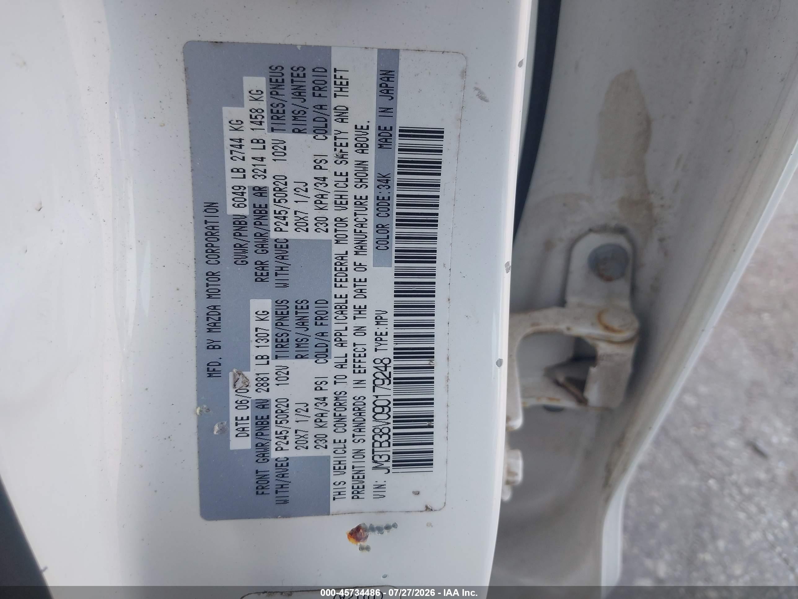 2009 Mazda Cx-9 Grand Touring White vin: JM3TB38V090179248