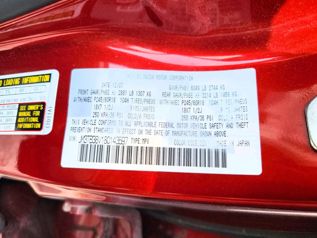 2008 Mazda Cx-9 Red vin: JM3TB38V180143597
