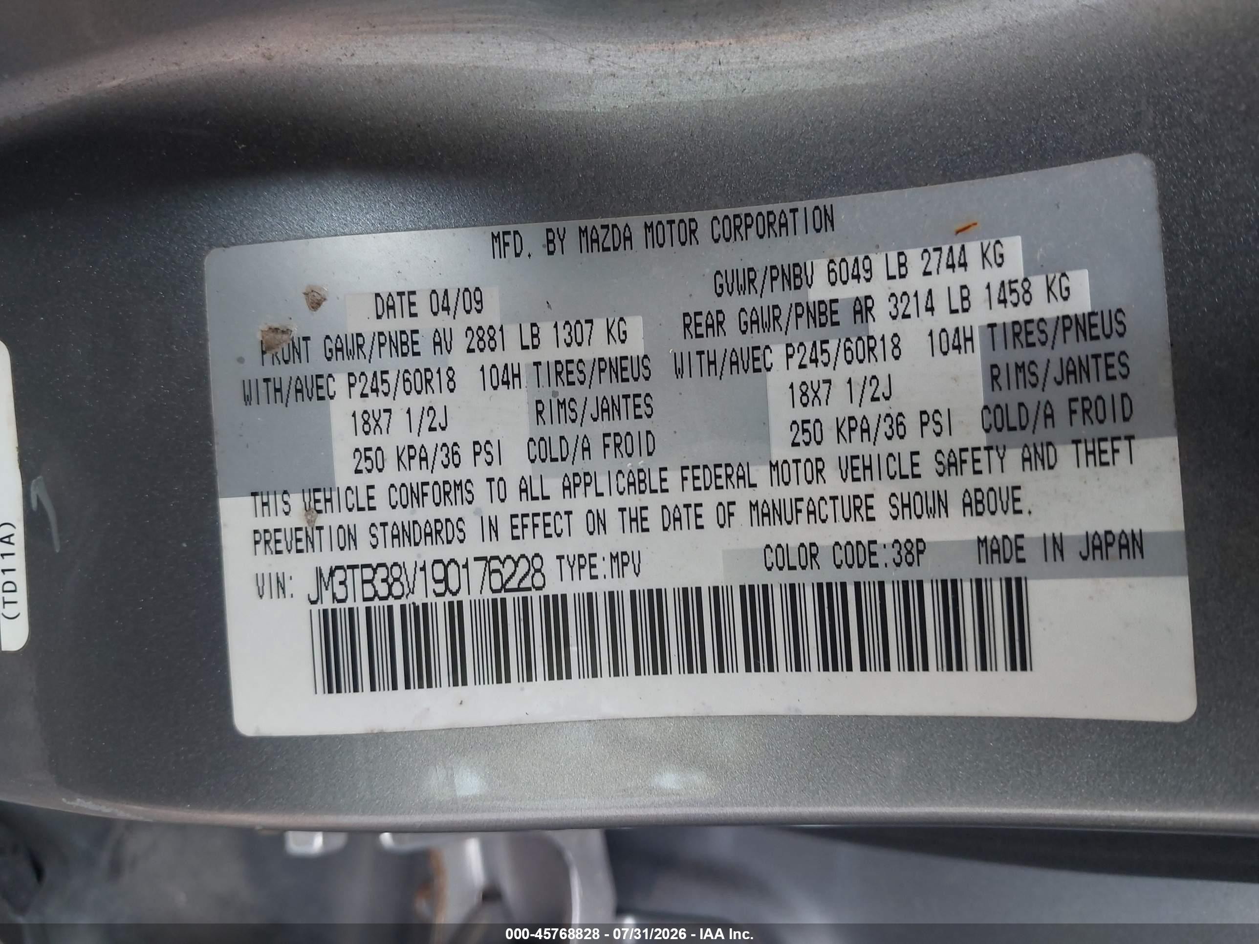 2009 Mazda Cx-9 Sport Silver vin: JM3TB38V190176228