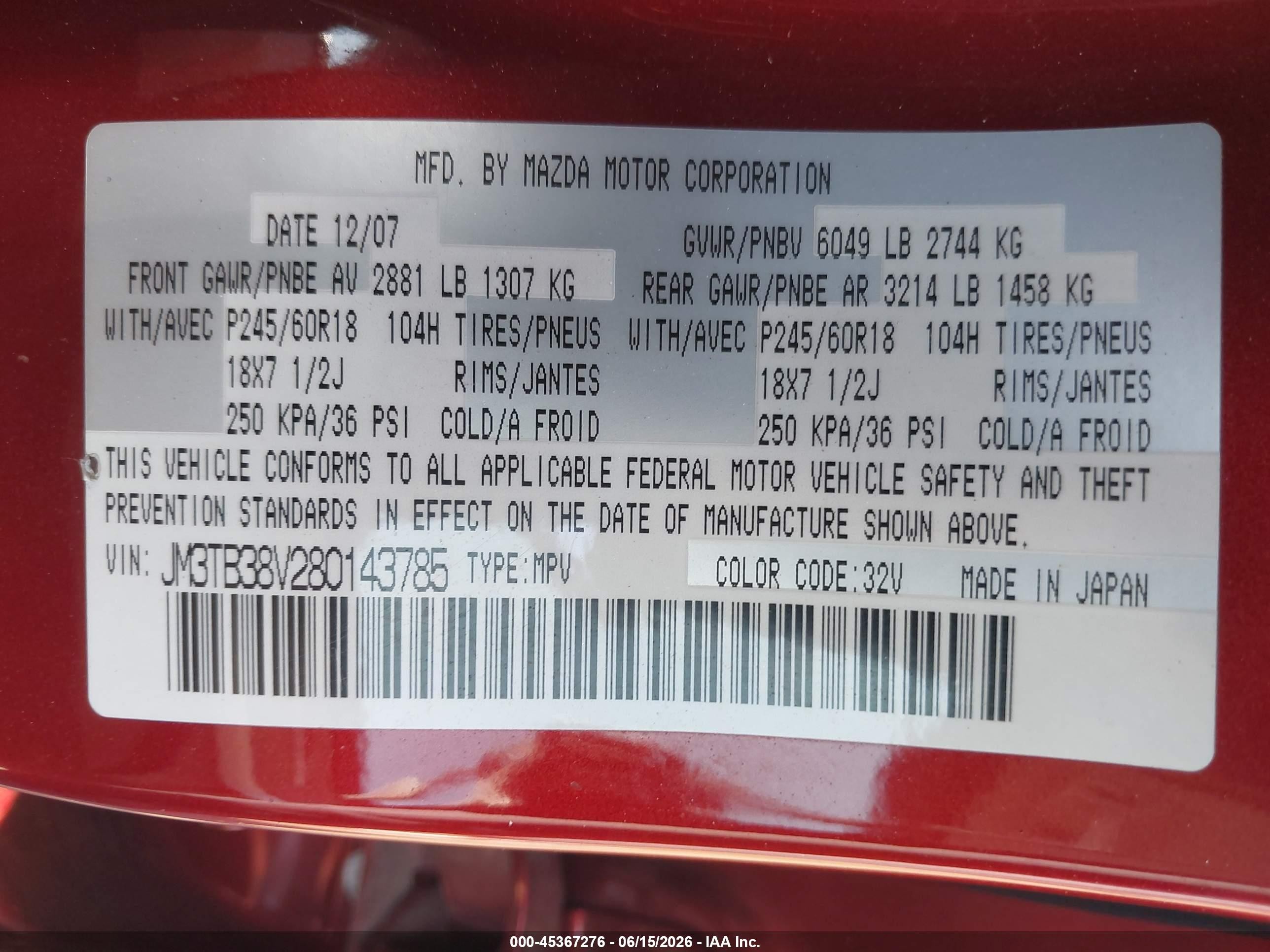 2008 Mazda Cx-9 Touring Red vin: JM3TB38V280143785