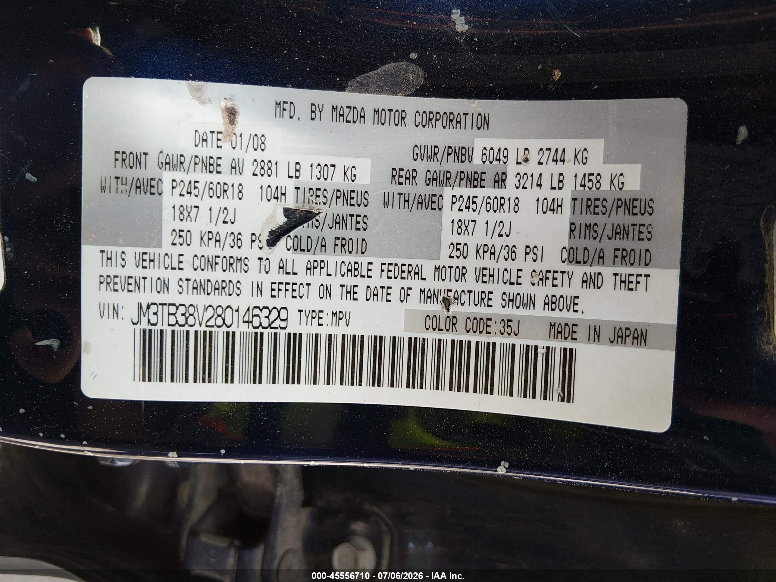2008 Mazda Cx-9 Sport Dark Blue vin: JM3TB38V280146329