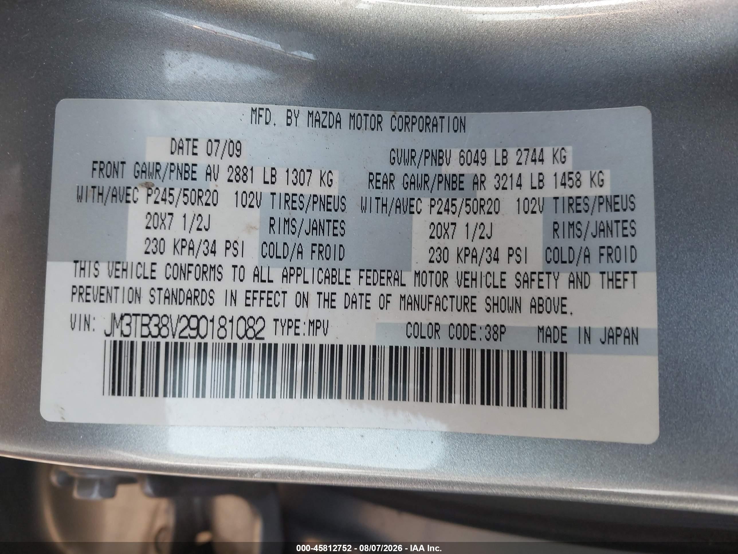 2009 Mazda Cx-9 Grand Touring Silver vin: JM3TB38V290181082