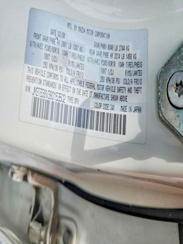 2008 Mazda Cx-9 White vin: JM3TB38V380153502
