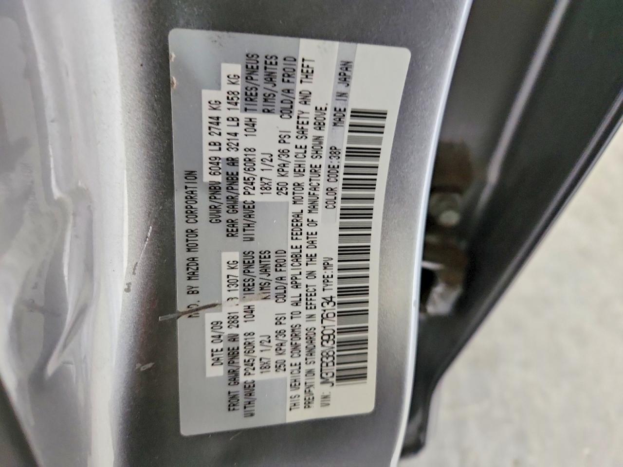 2009 Mazda Cx-9 Silver vin: JM3TB38V390176134