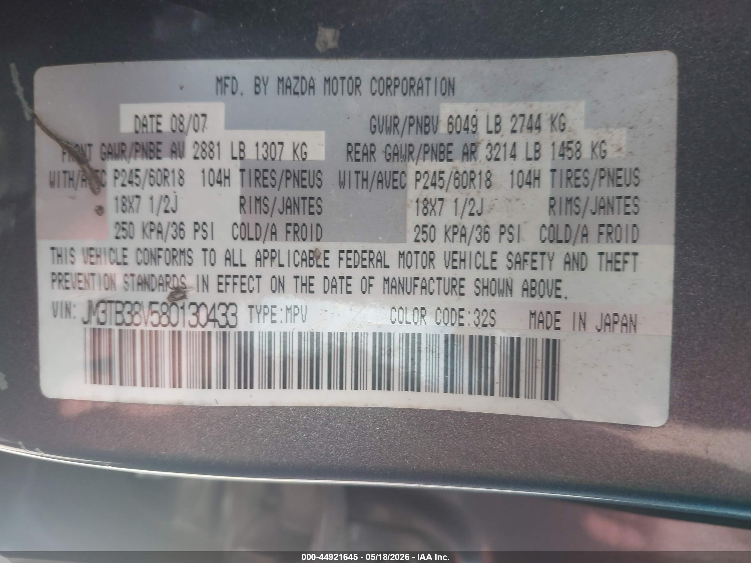 2008 Mazda Cx-9 Sport Gray vin: JM3TB38V580130433