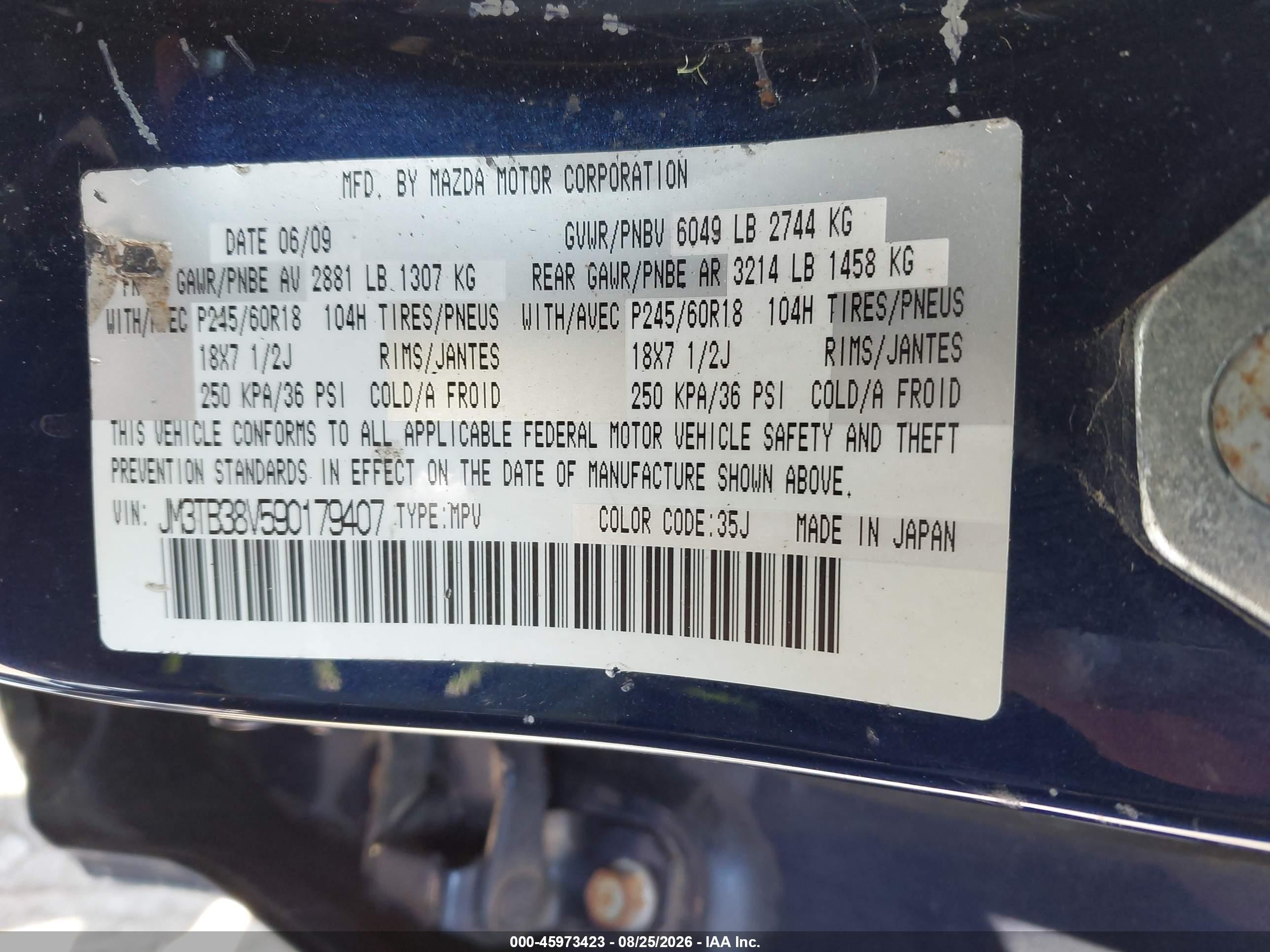 2009 Mazda Cx-9 Touring Blue vin: JM3TB38V590179407