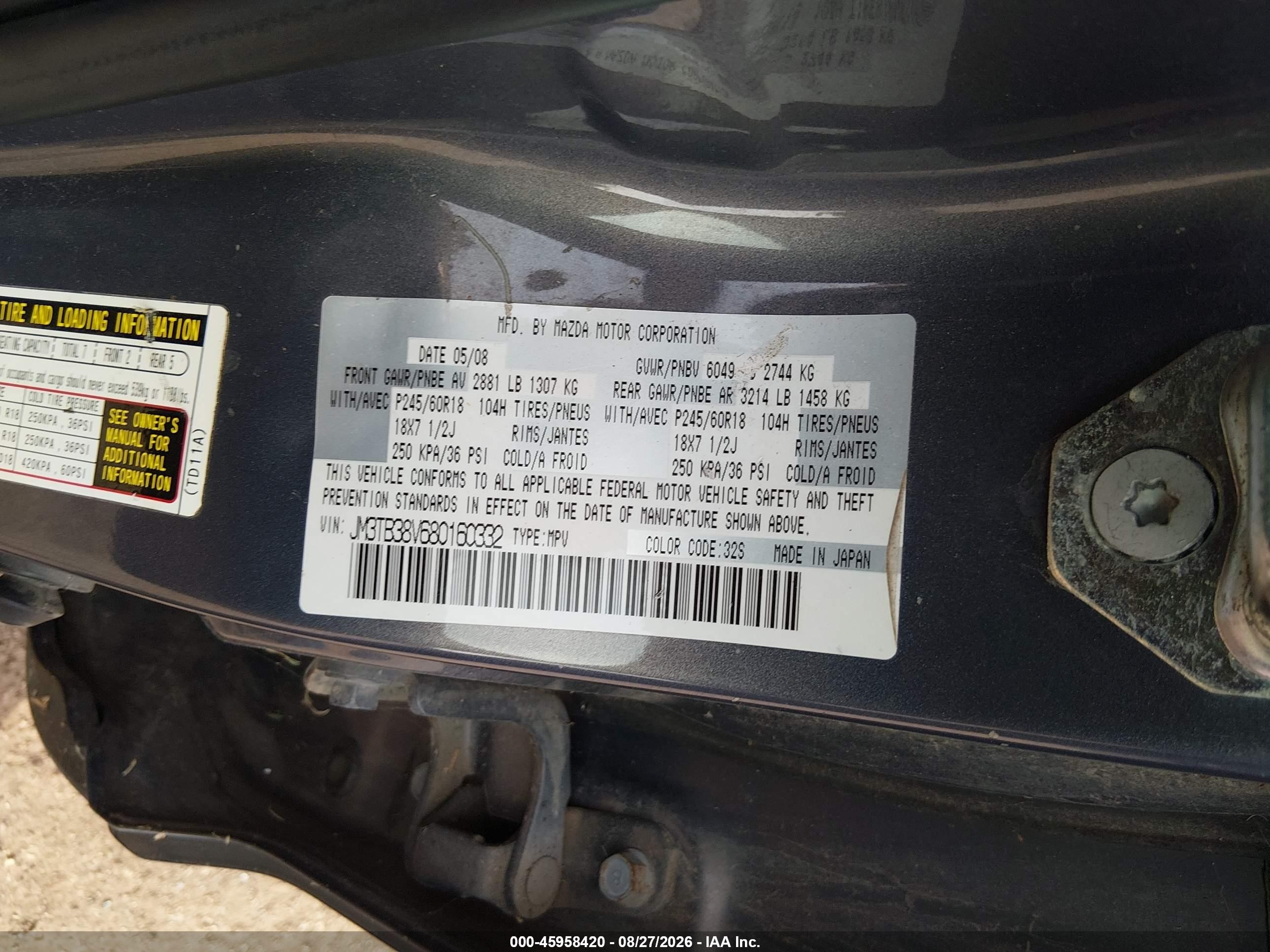 2008 Mazda Cx-9 Sport Gray vin: JM3TB38V680160332