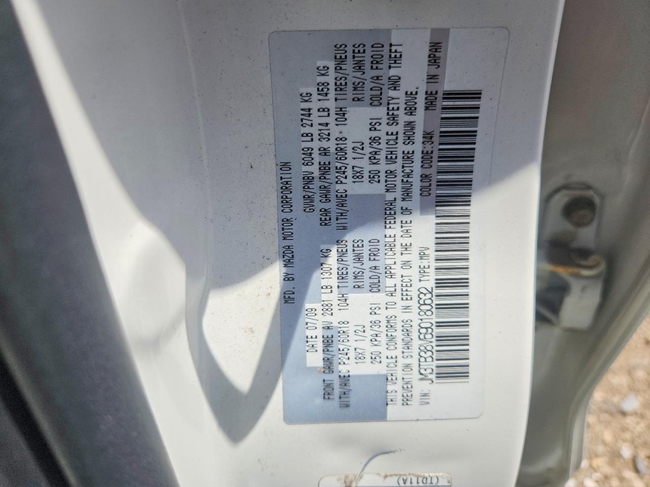 2009 Mazda Cx-9 White vin: JM3TB38V690180632