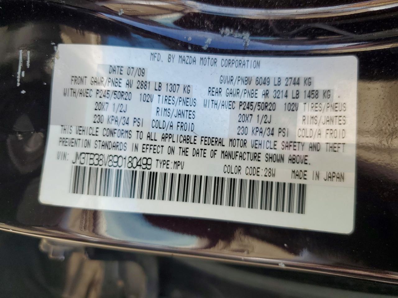 2009 Mazda Cx-9 Фиолетовый vin: JM3TB38V890180499