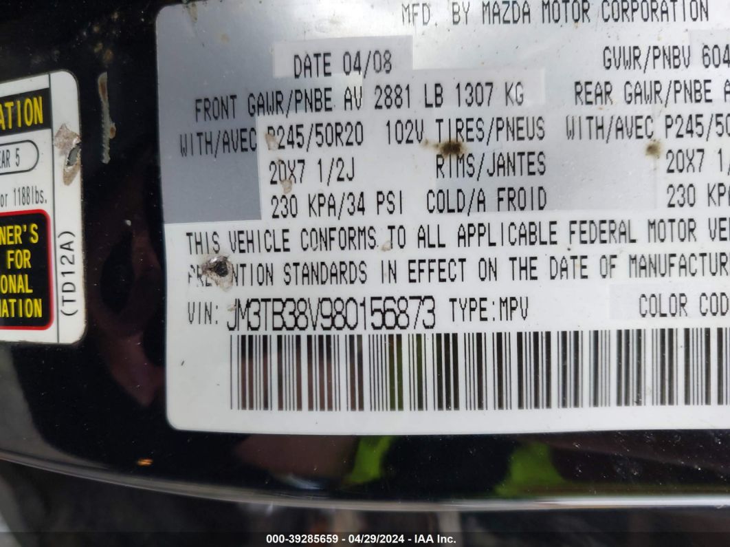 Precio e Historial 2008 Mazda Cx-9 Grand Touring 3.7l V-6 Dohc