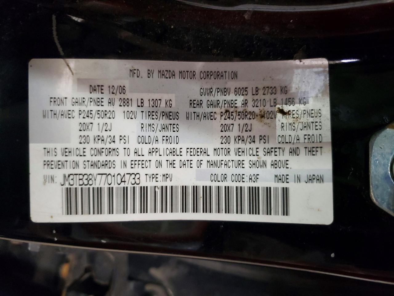 2007 Mazda Cx-9 Черный vin: JM3TB38Y770104733