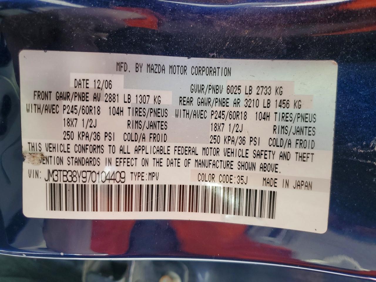 2007 Mazda Cx-9 Blue vin: JM3TB38Y970104409