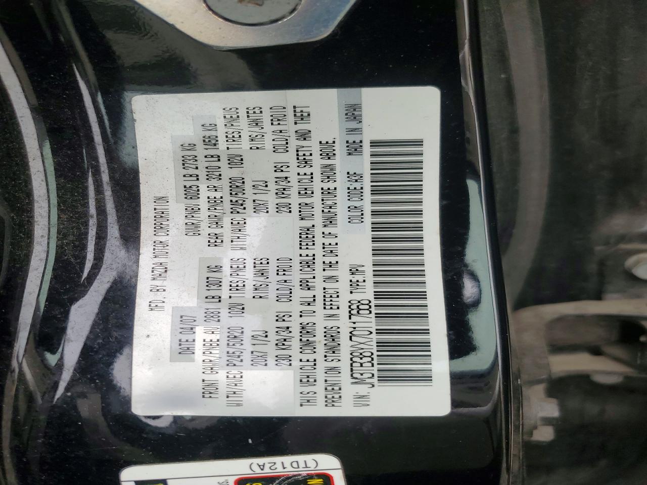 2007 Mazda Cx-9 Black vin: JM3TB38YX70117668