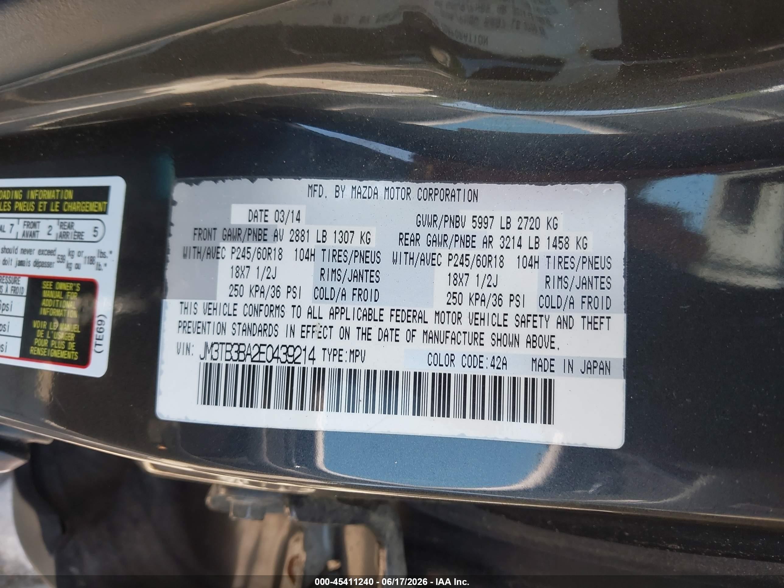 2014 Mazda Cx-9 Sport Серый vin: JM3TB3BA2E0439214