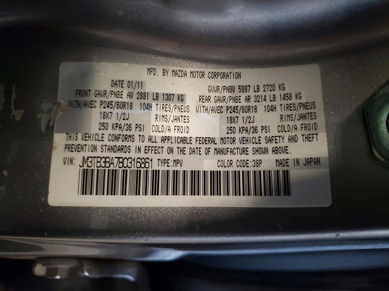 2011 Mazda Cx-9 Silver vin: JM3TB3BA7B0316861