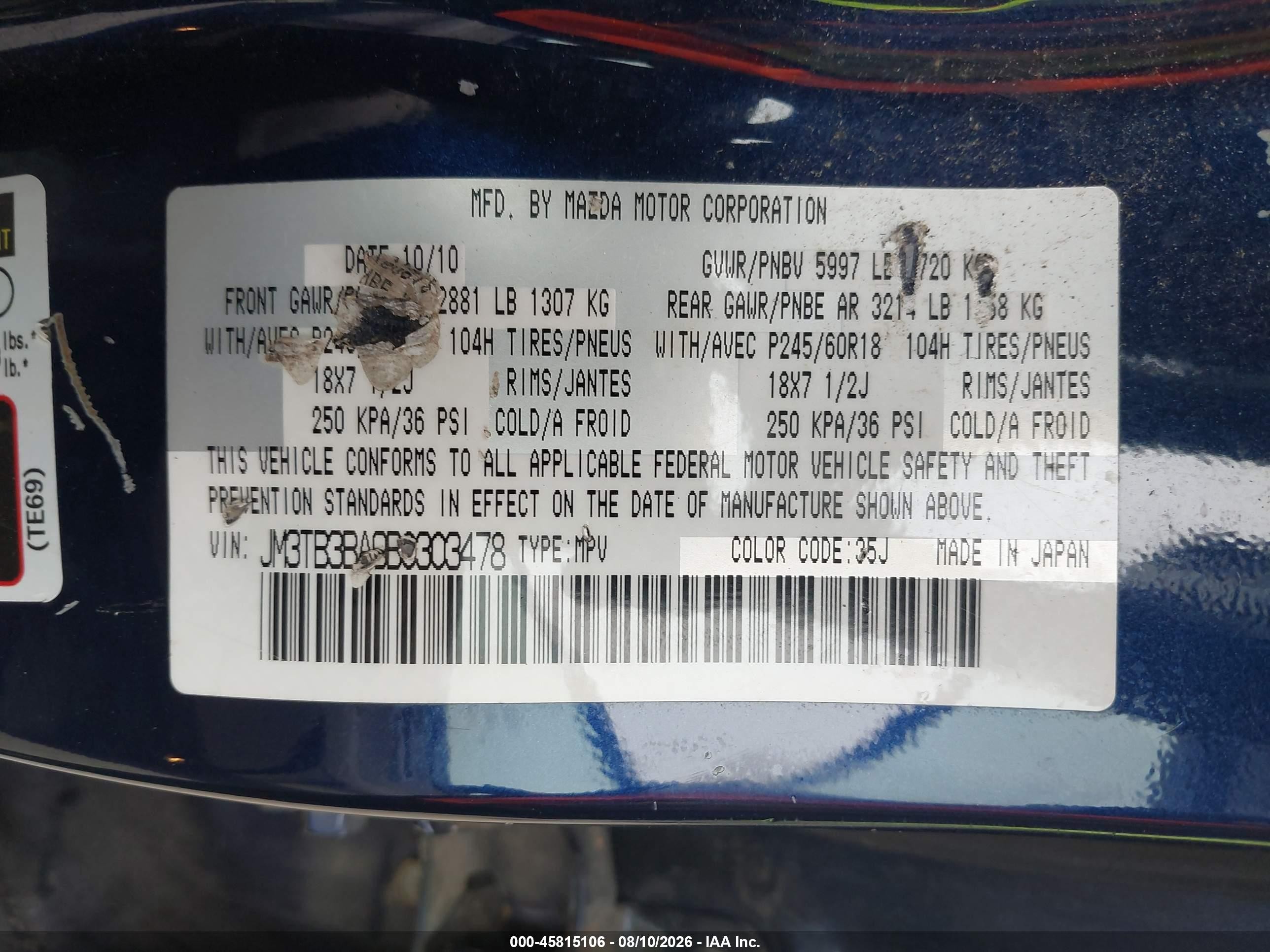 2011 Mazda Cx-9 Sport Blue vin: JM3TB3BA9B0303478
