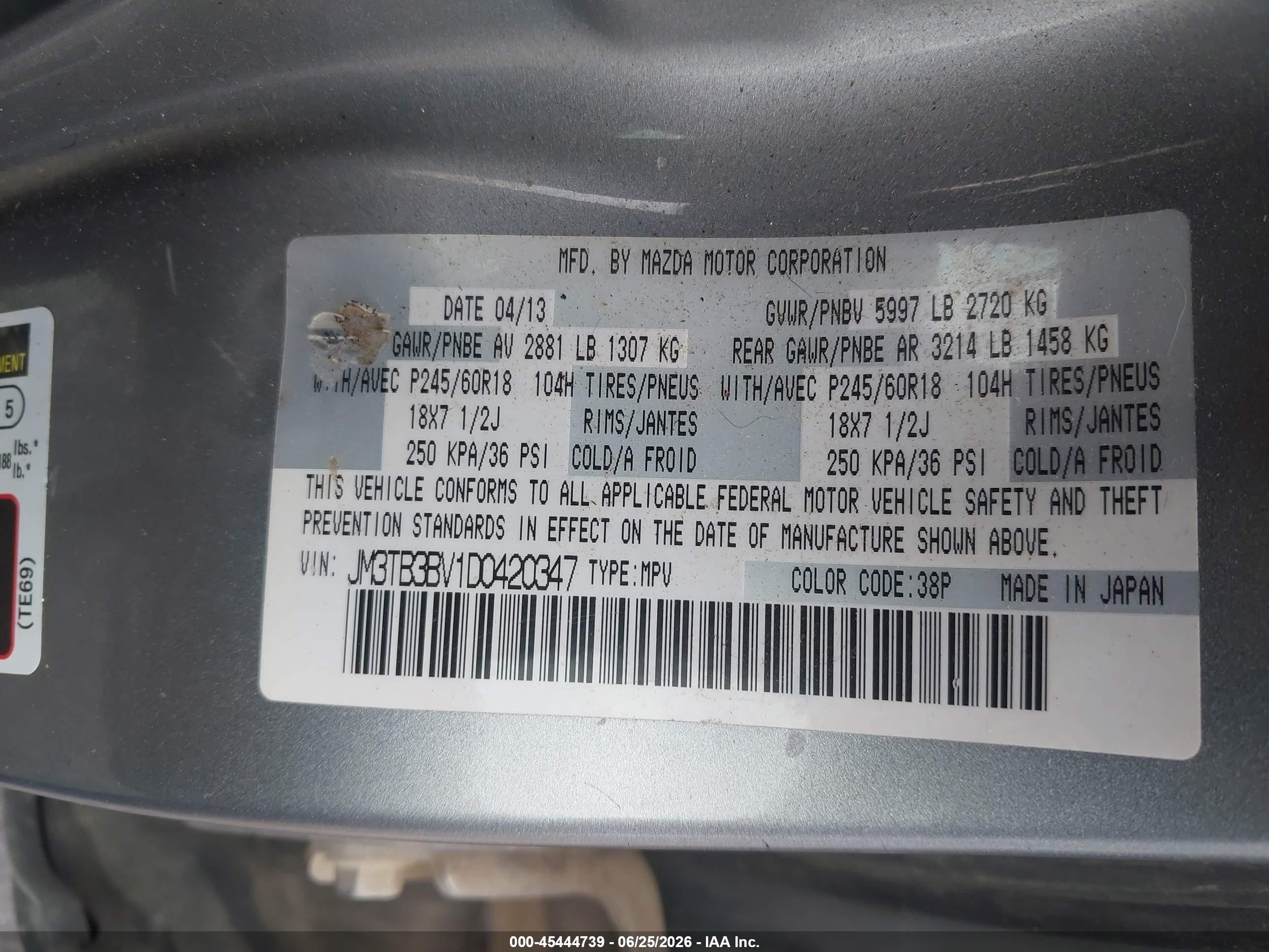 2013 Mazda Cx-9 Sport Silver vin: JM3TB3BV1D0420347
