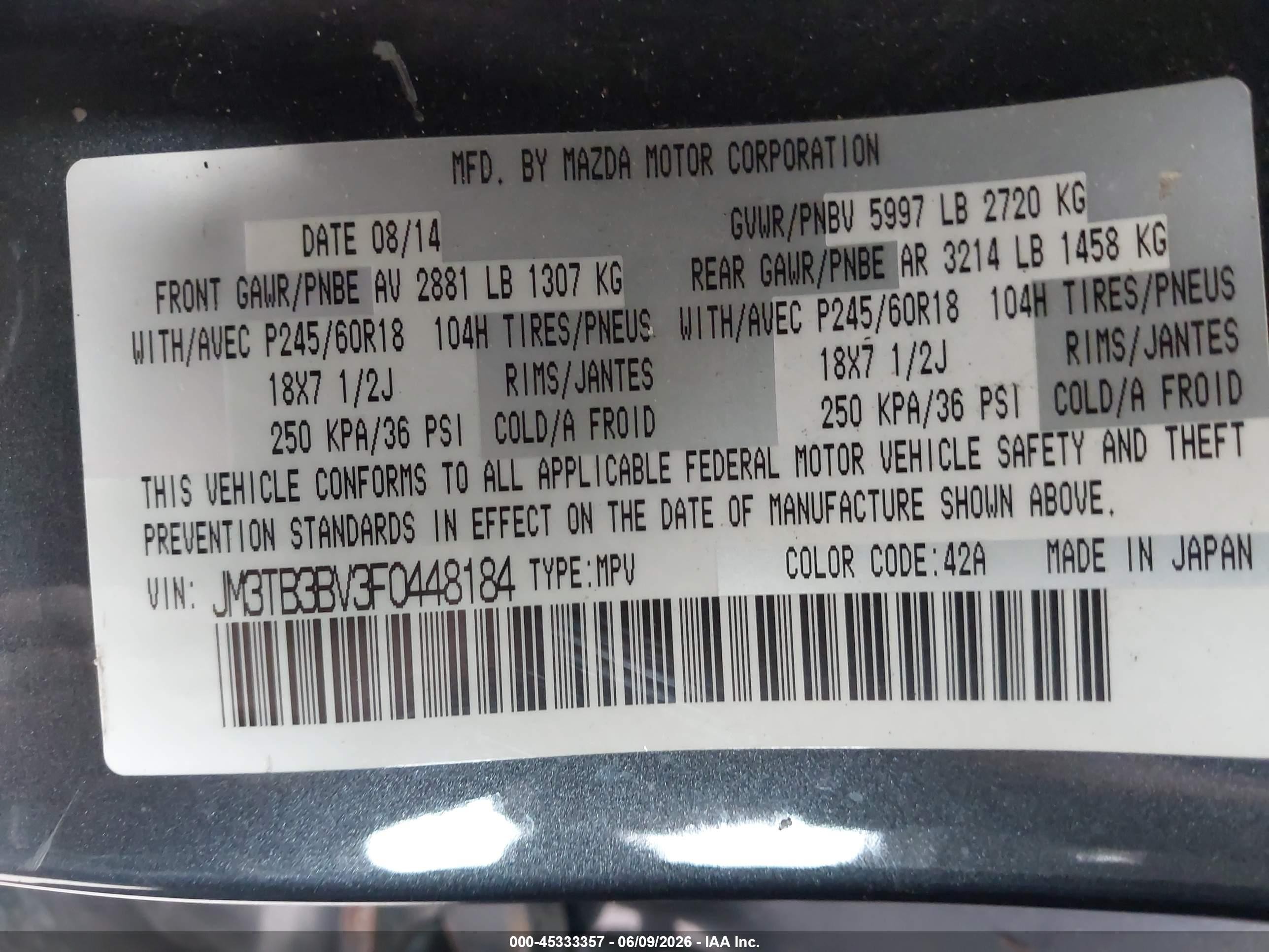 2015 Mazda Cx-9 Sport Gray vin: JM3TB3BV3F0448184