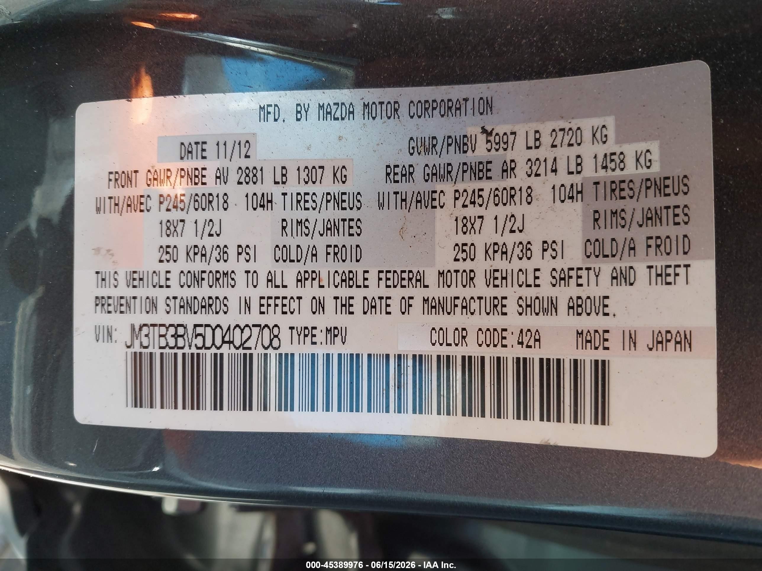 2013 Mazda Cx-9 Sport Gray vin: JM3TB3BV5D0402708