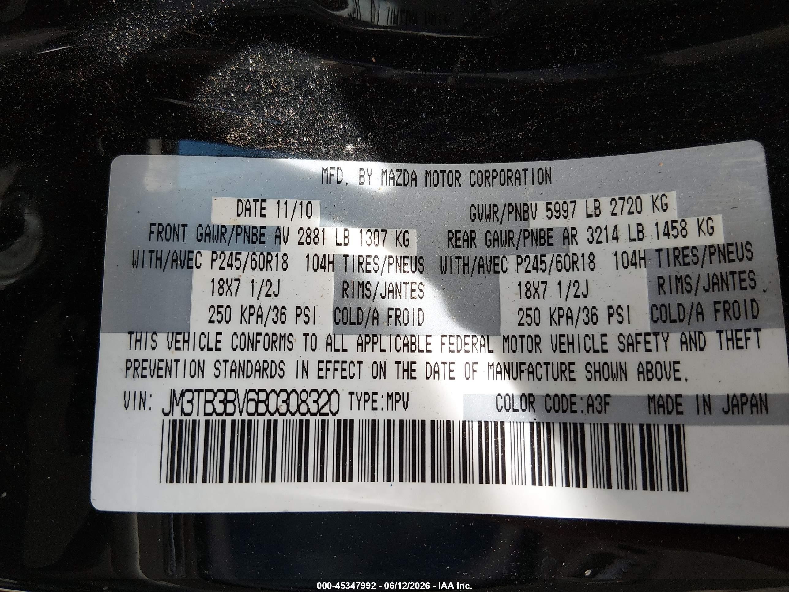 2011 Mazda Cx-9 Sport Black vin: JM3TB3BV6B0308320