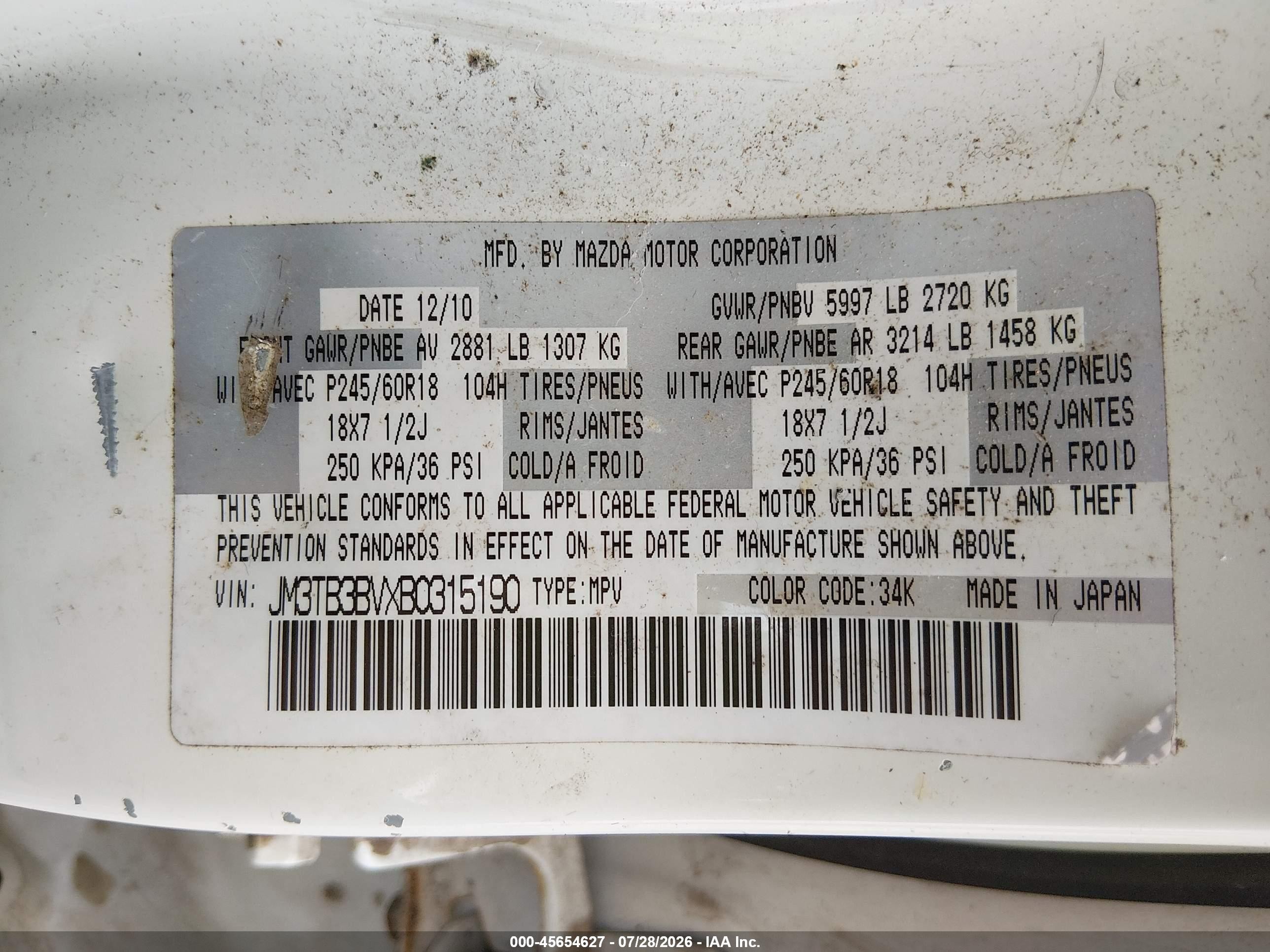 2011 Mazda Cx-9 Sport White vin: JM3TB3BVXB0315190