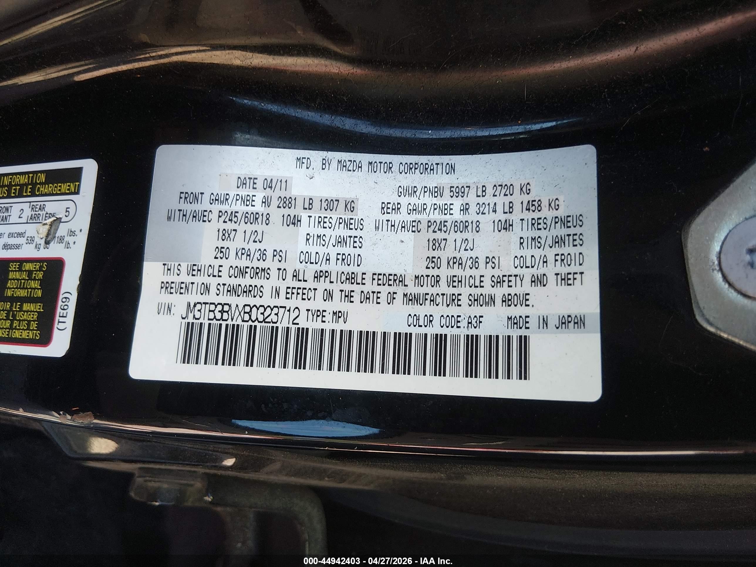 2011 Mazda Cx-9 Sport Black vin: JM3TB3BVXB0323712