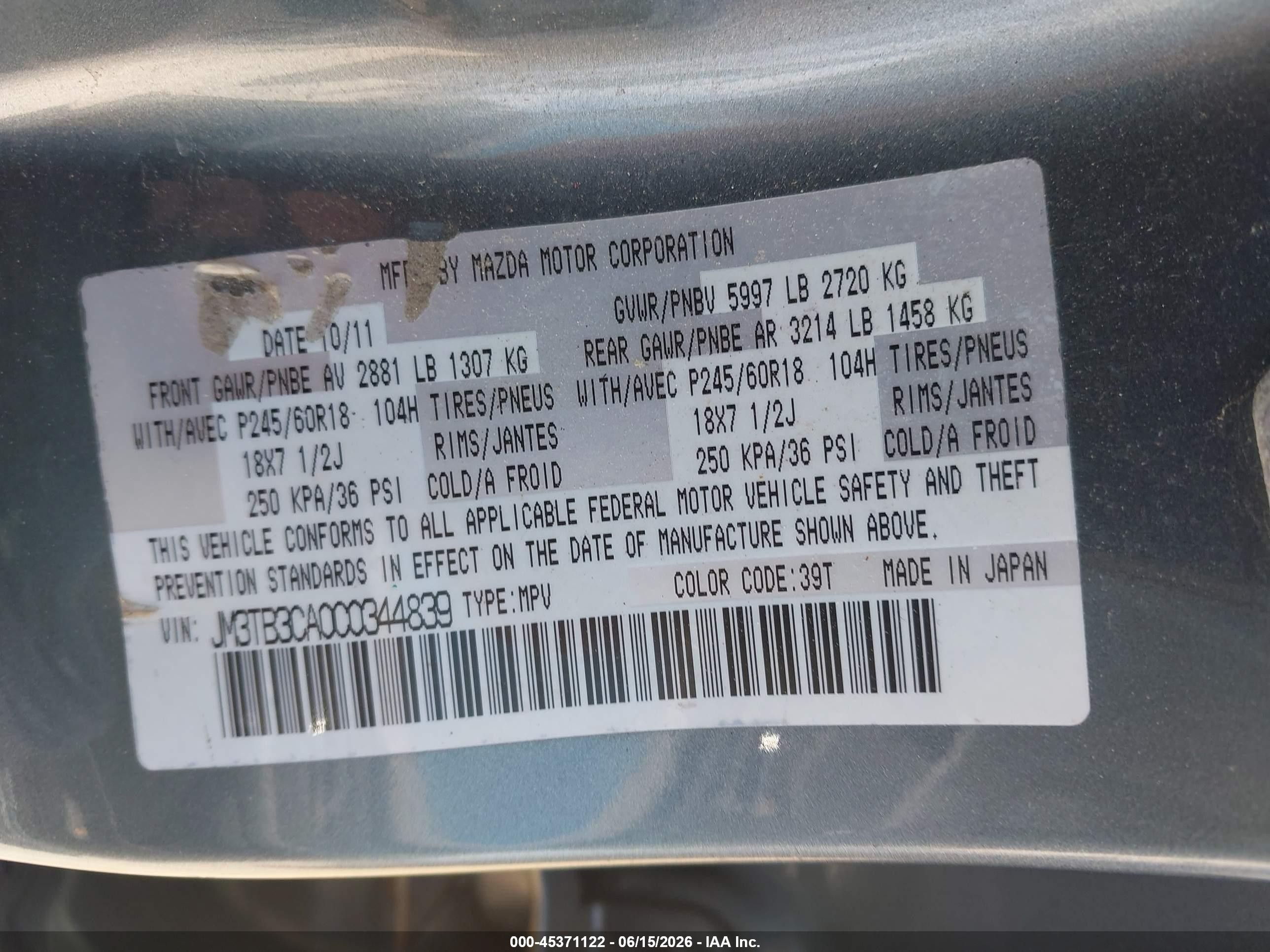 2012 Mazda Cx-9 Touring Gray vin: JM3TB3CA0C0344839