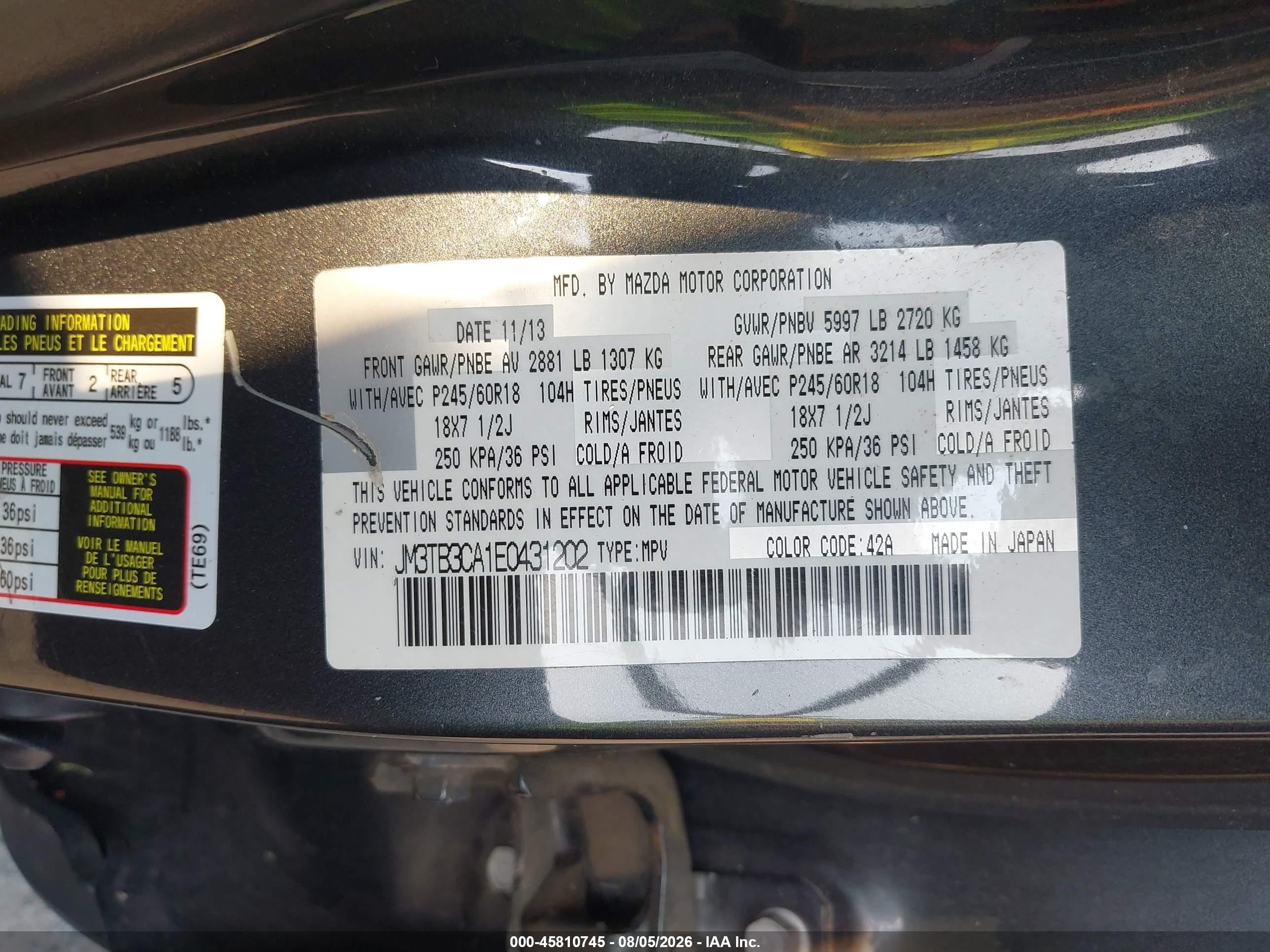 2014 Mazda Cx-9 Touring Gray vin: JM3TB3CA1E0431202