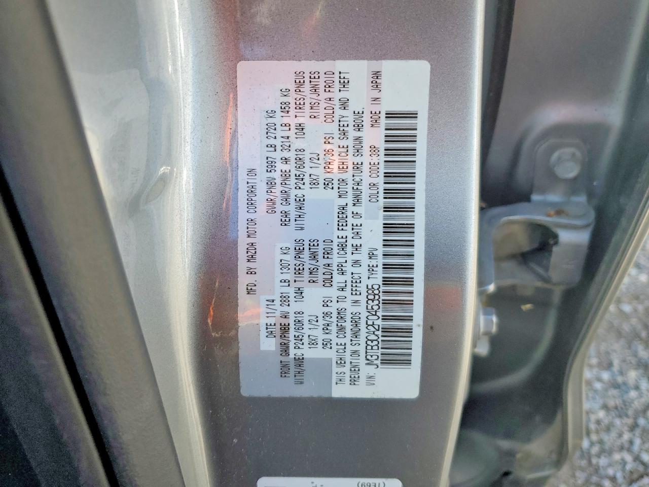 2015 Mazda Cx-9 Touring Gray vin: JM3TB3CA2F0453985