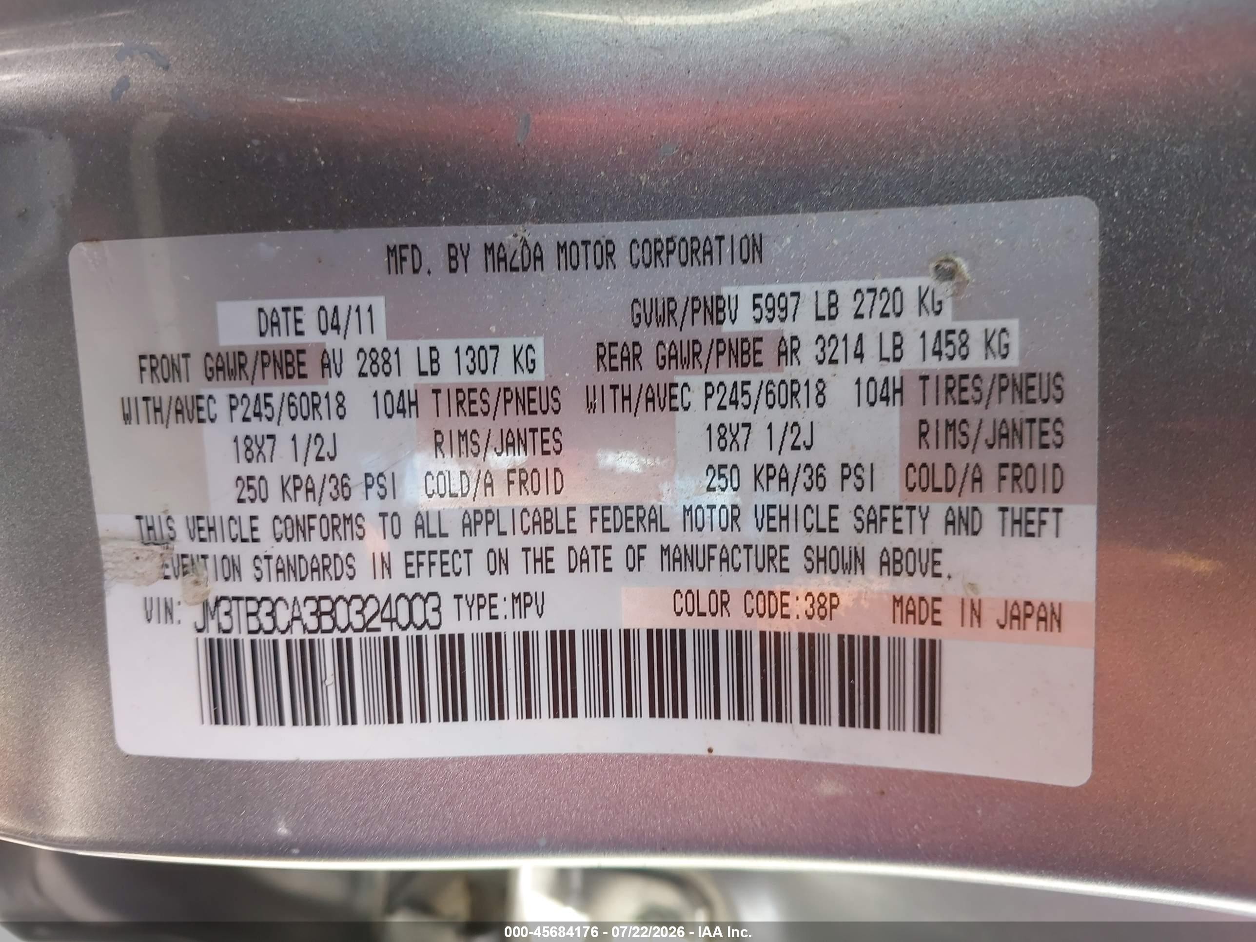 2011 Mazda Cx-9 Touring Silver vin: JM3TB3CA3B0324003