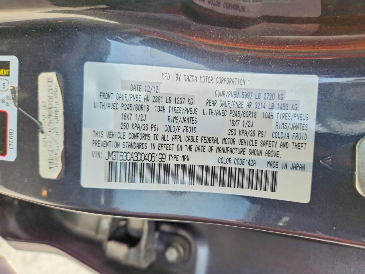 2013 Mazda Cx-9 Touring Gray vin: JM3TB3CA3D0406199