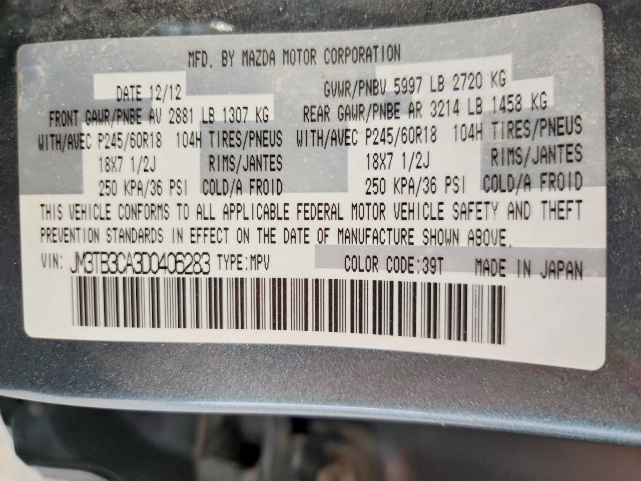 2013 Mazda Cx-9 Touring Blue vin: JM3TB3CA3D0406283