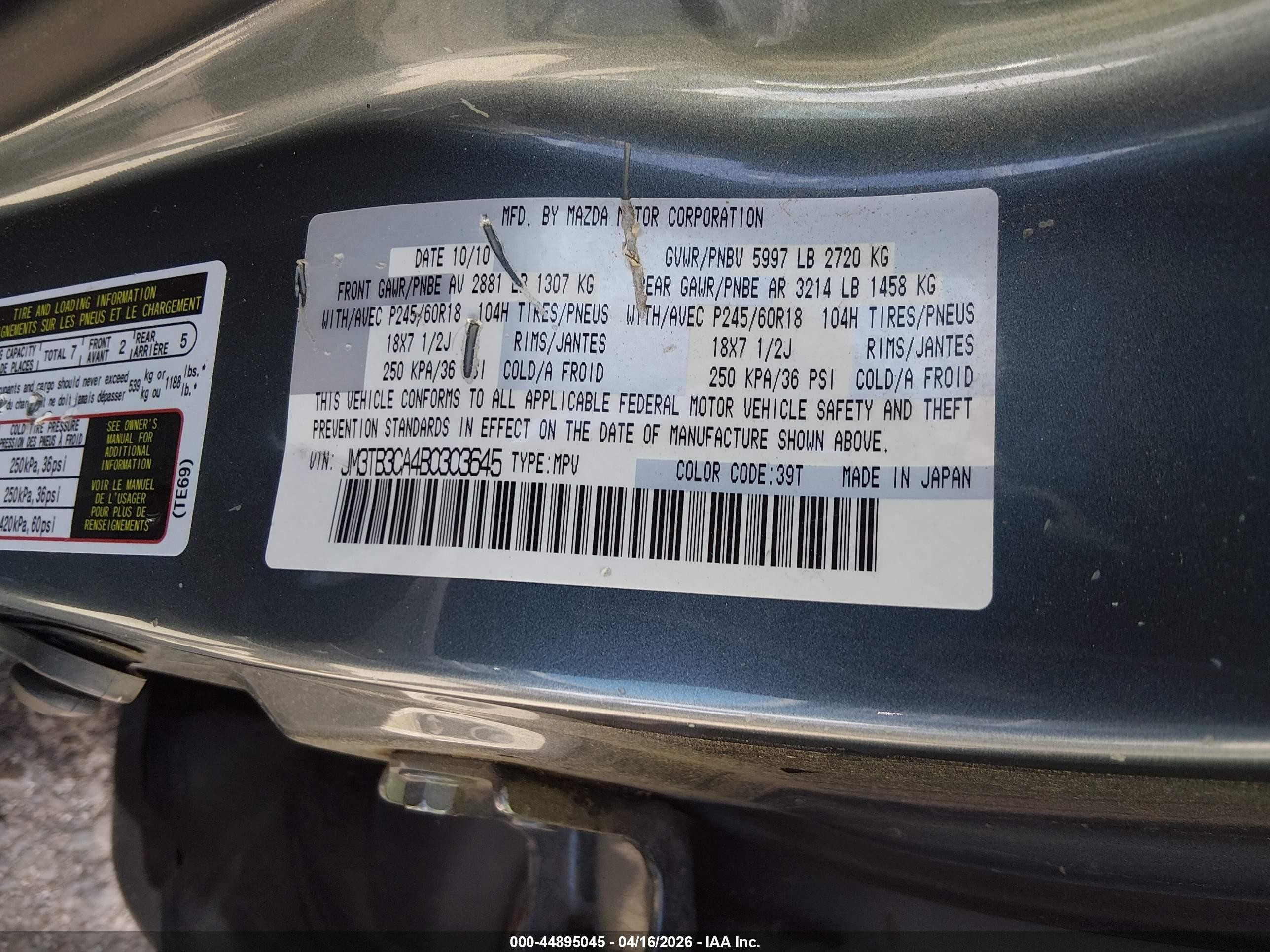 2011 Mazda Cx-9 Touring Gray vin: JM3TB3CA4B0303645