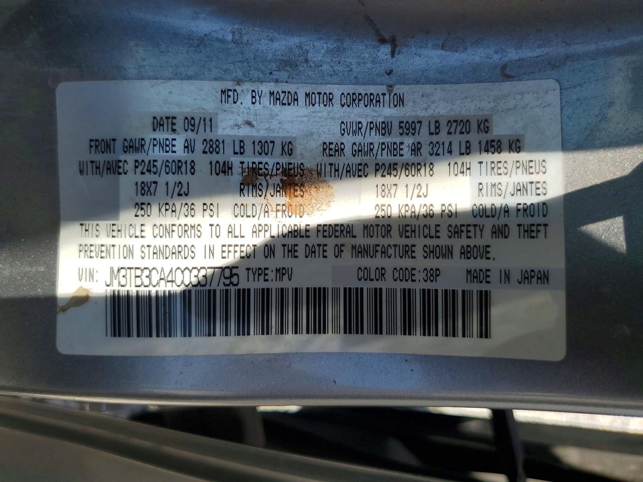 2012 Mazda Cx-9 Gray vin: JM3TB3CA4C0337795