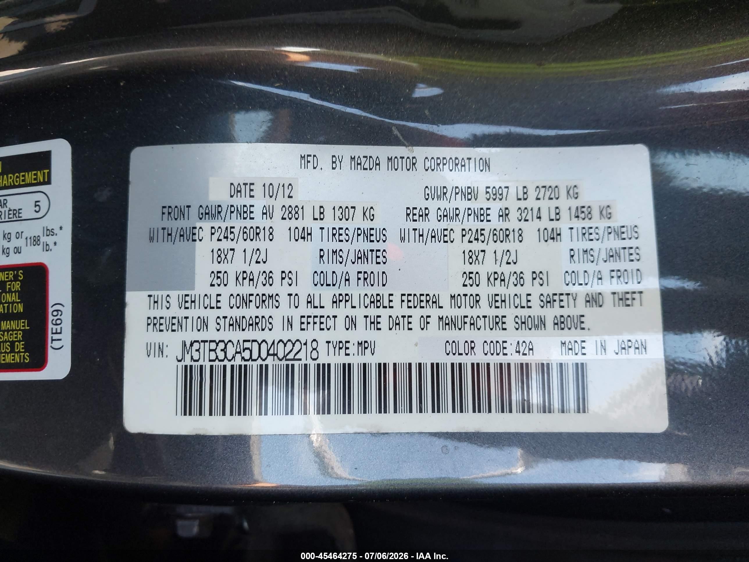 2013 Mazda Cx-9 Touring Gray vin: JM3TB3CA5D0402218