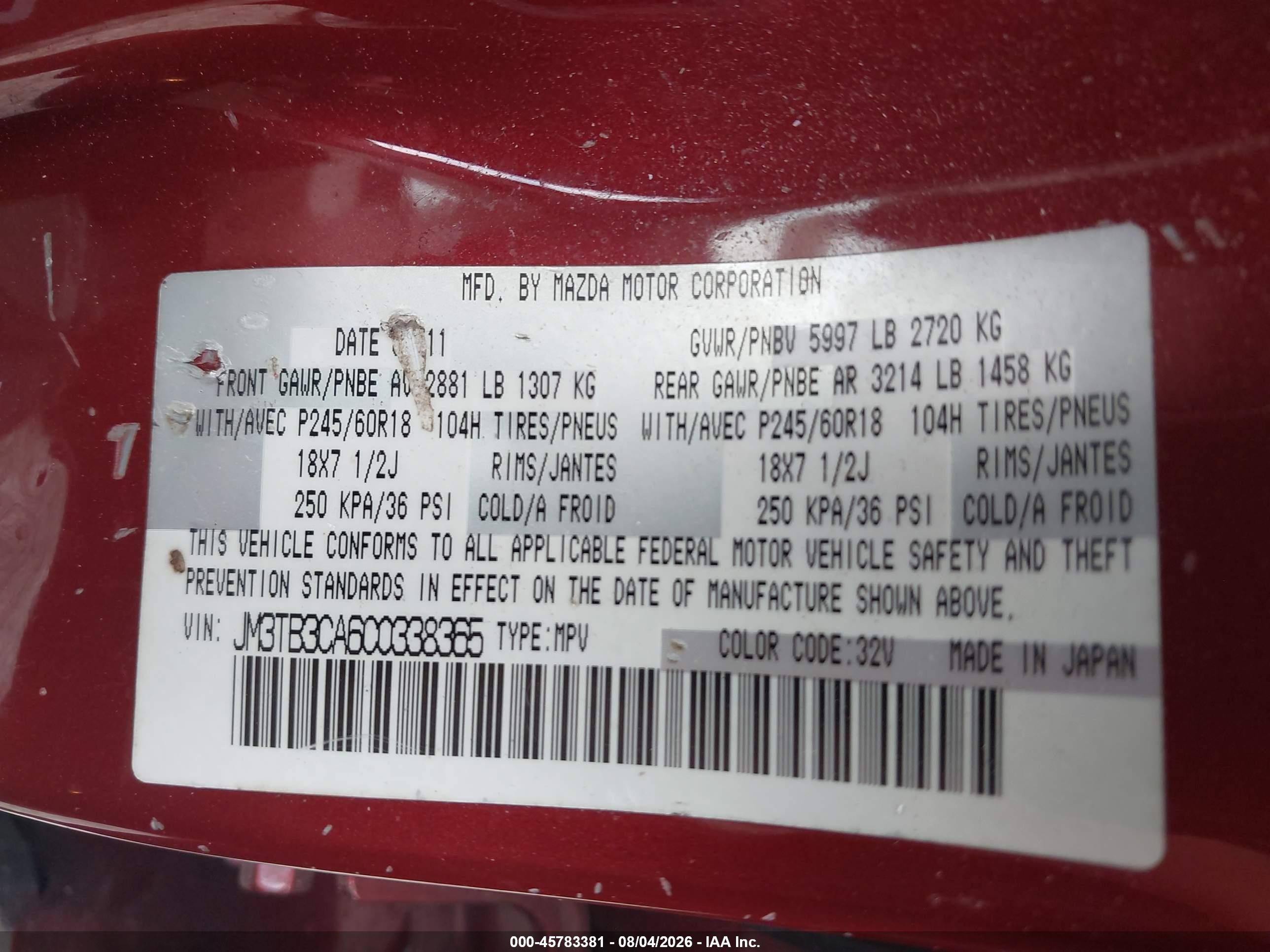 2012 Mazda Cx-9 Touring Red vin: JM3TB3CA6C0338365