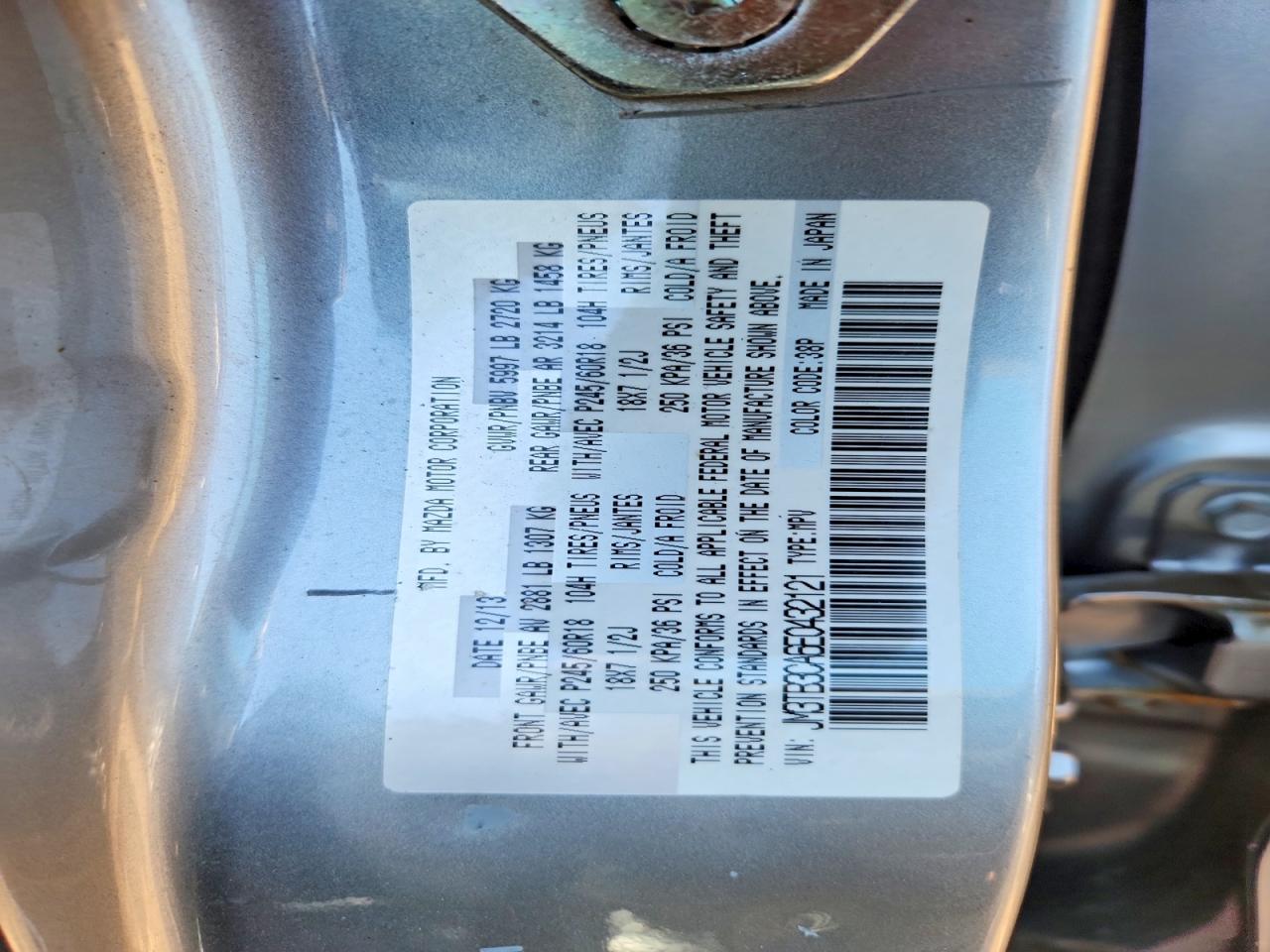 2014 Mazda Cx-9 Touring Silver vin: JM3TB3CA6E0432121