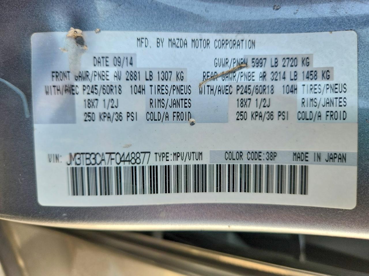 2015 Mazda Cx-9 Touring Silver vin: JM3TB3CA7F0448877