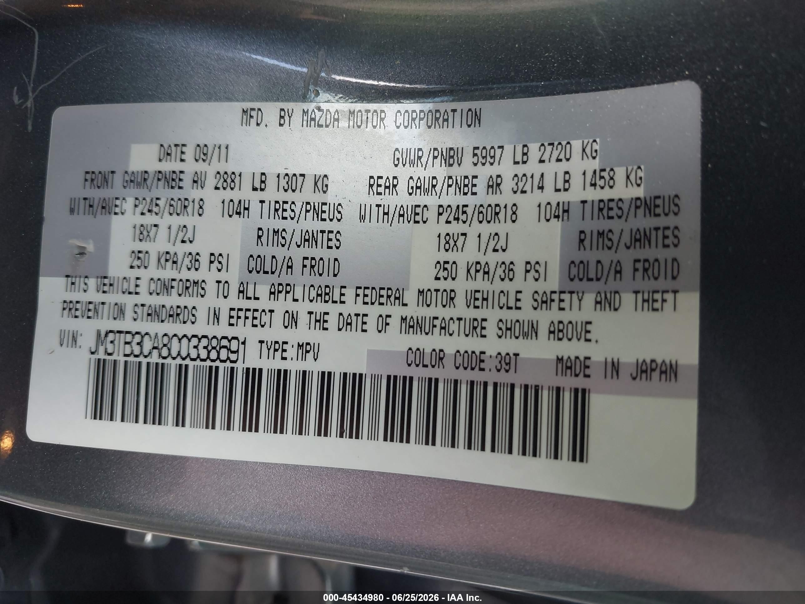 2012 Mazda Cx-9 Touring Blue vin: JM3TB3CA8C0338691