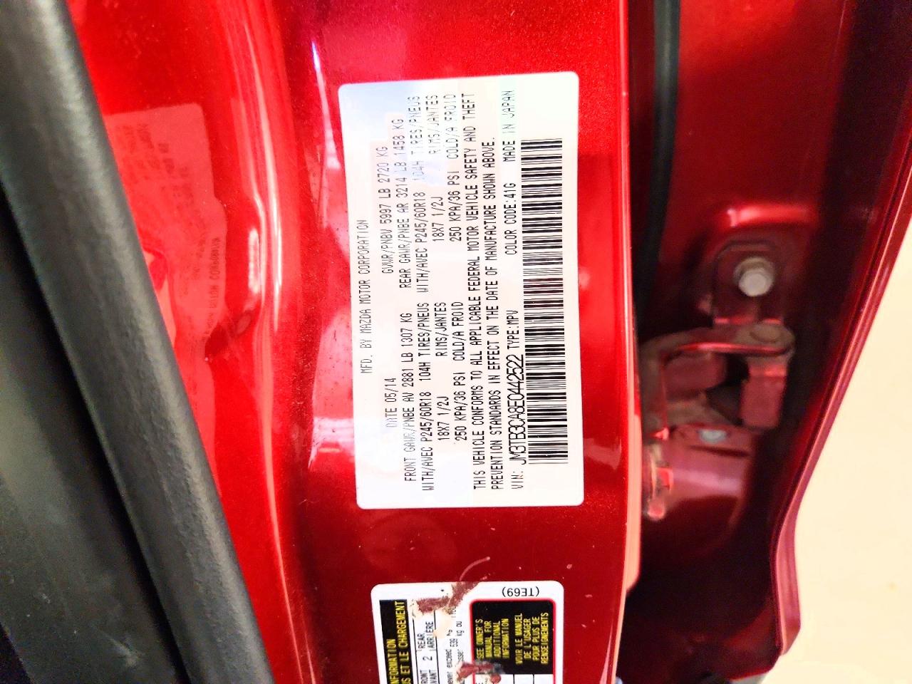 2014 Mazda Cx-9 Touring Red vin: JM3TB3CA8E0442522