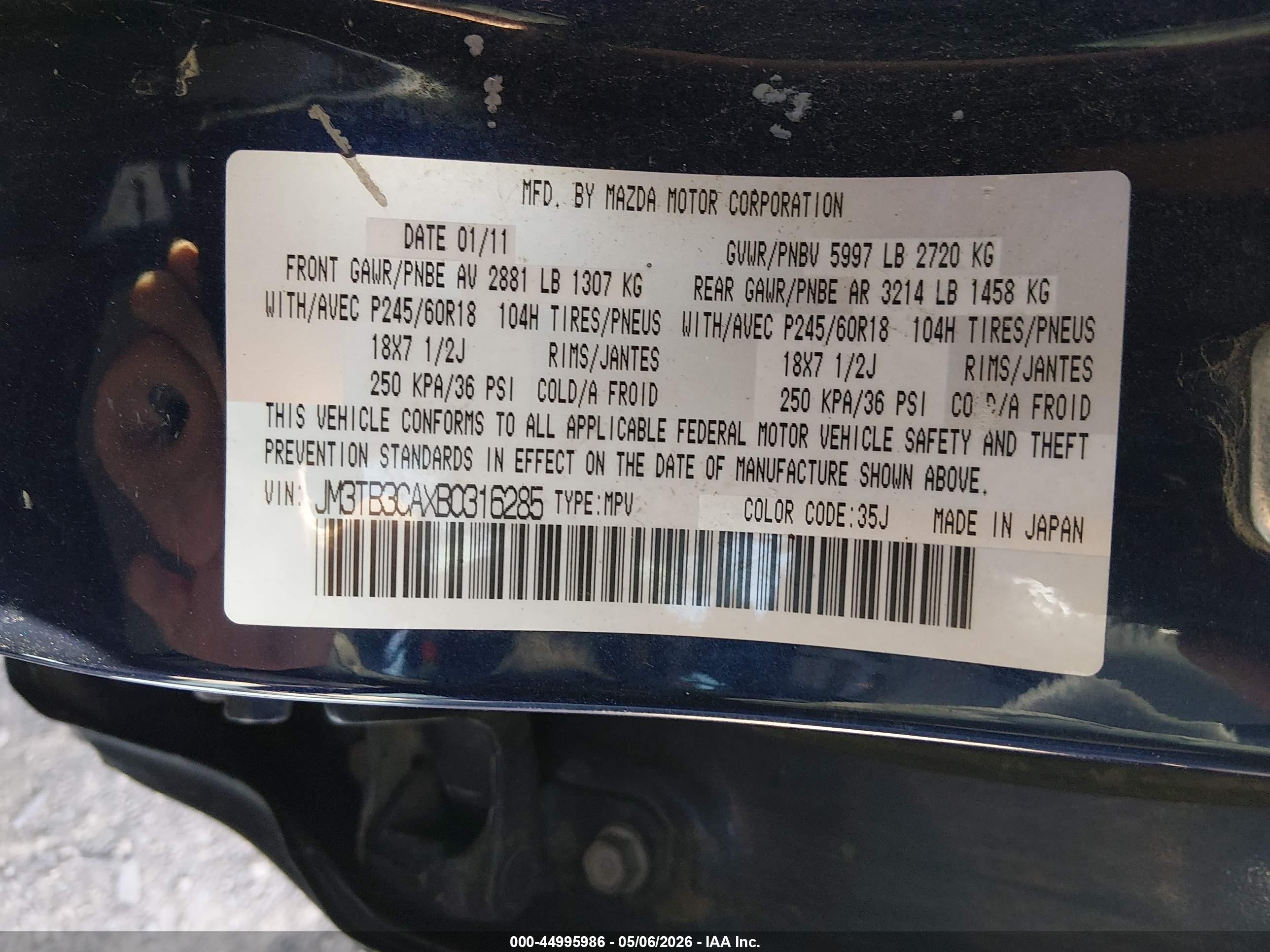 2011 Mazda Cx-9 Touring Dark Blue vin: JM3TB3CAXB0316285