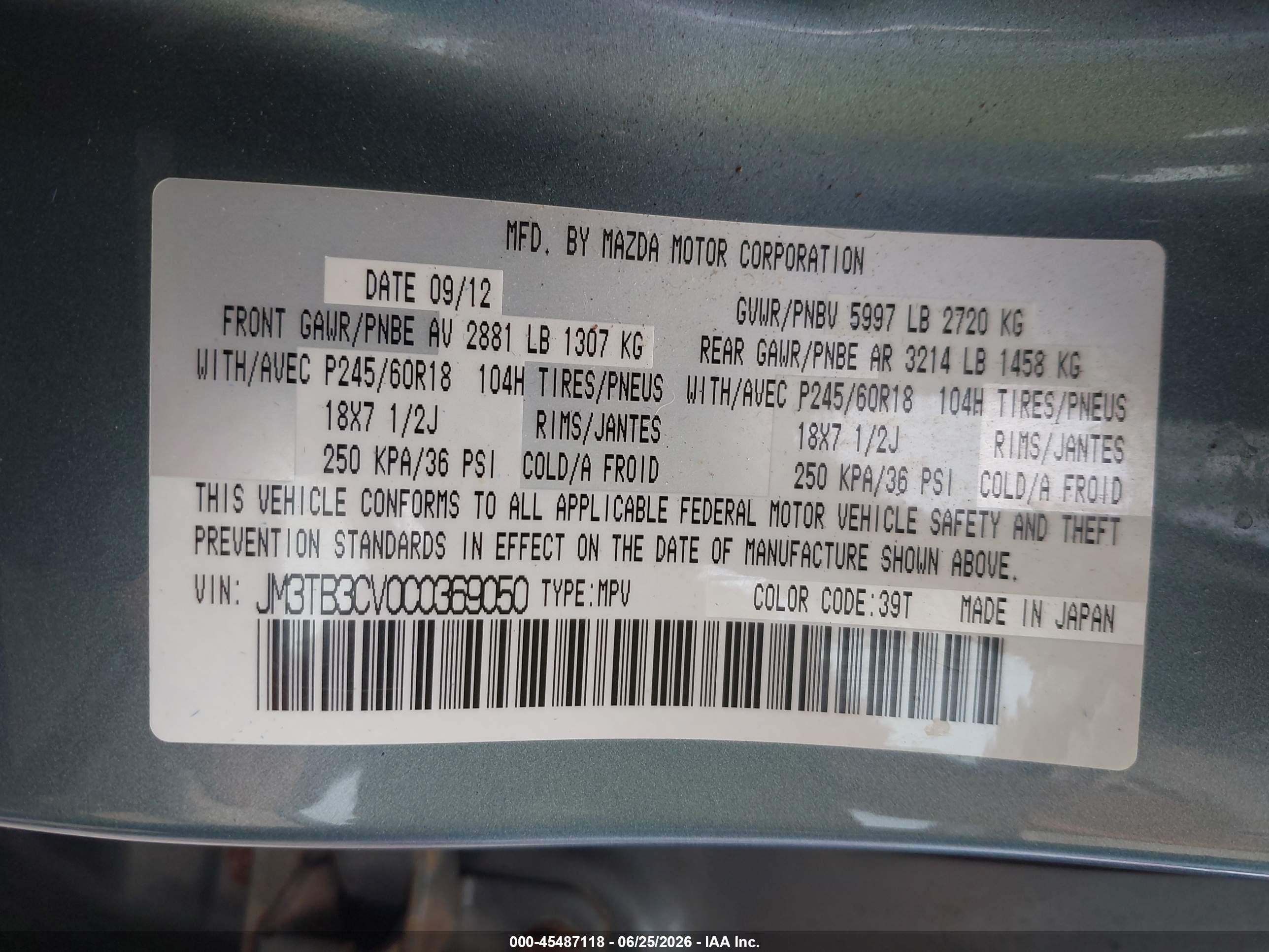 2012 Mazda Cx-9 Touring Blue vin: JM3TB3CV0C0369050