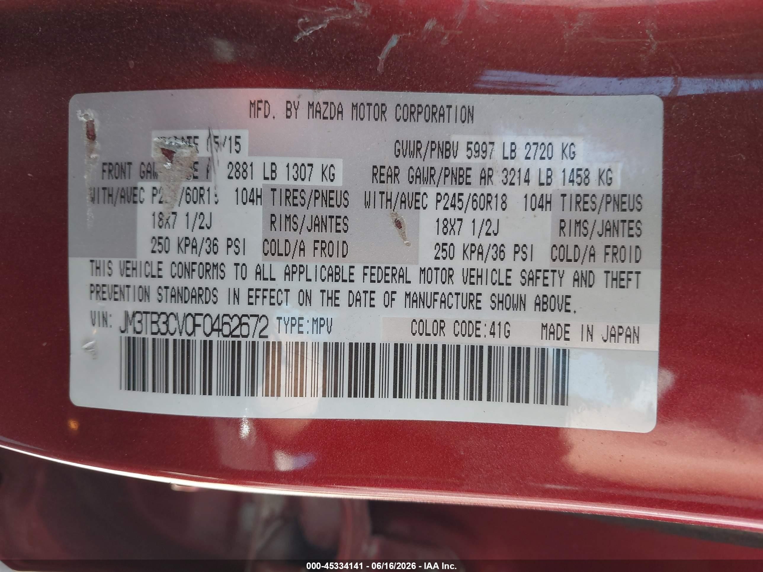 2015 Mazda Cx-9 Touring Red vin: JM3TB3CV0F0462672