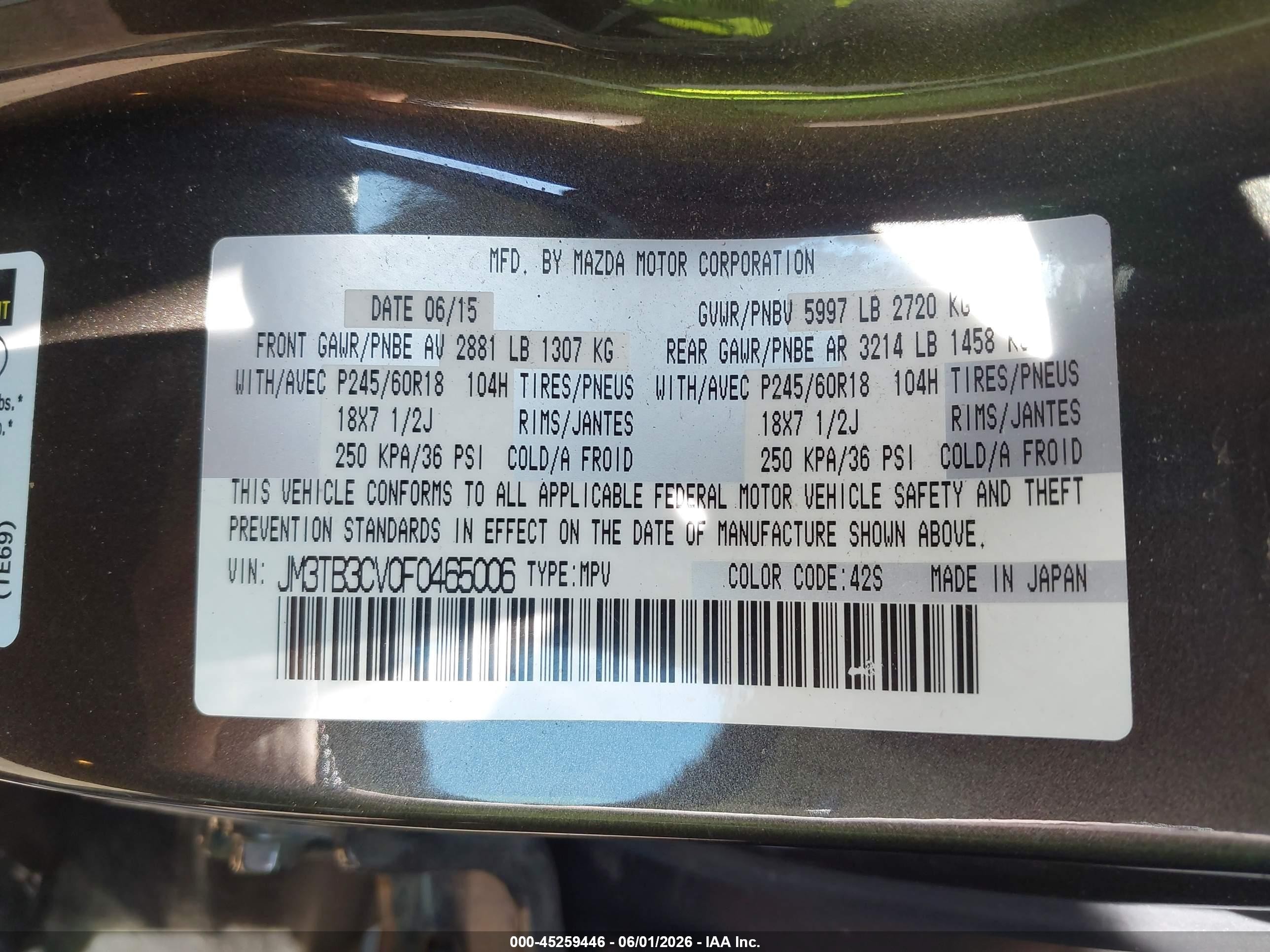 2015 Mazda Cx-9 Touring Gray vin: JM3TB3CV0F0465006