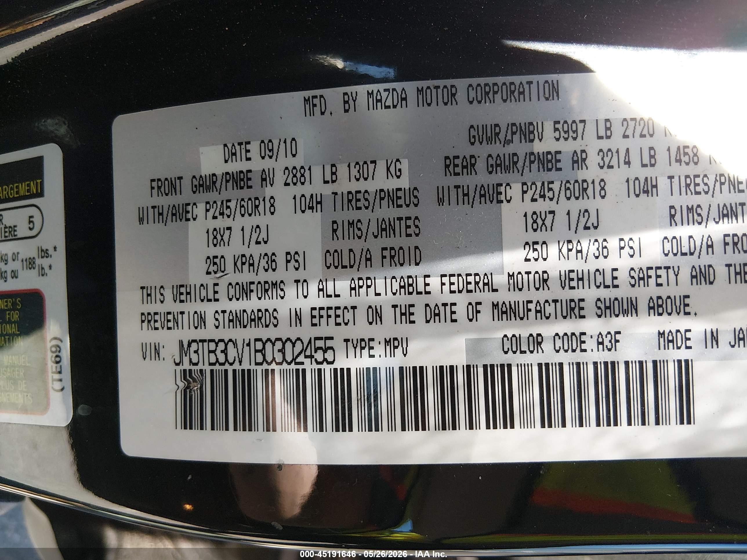 2011 Mazda Cx-9 Touring Black vin: JM3TB3CV1B0302455