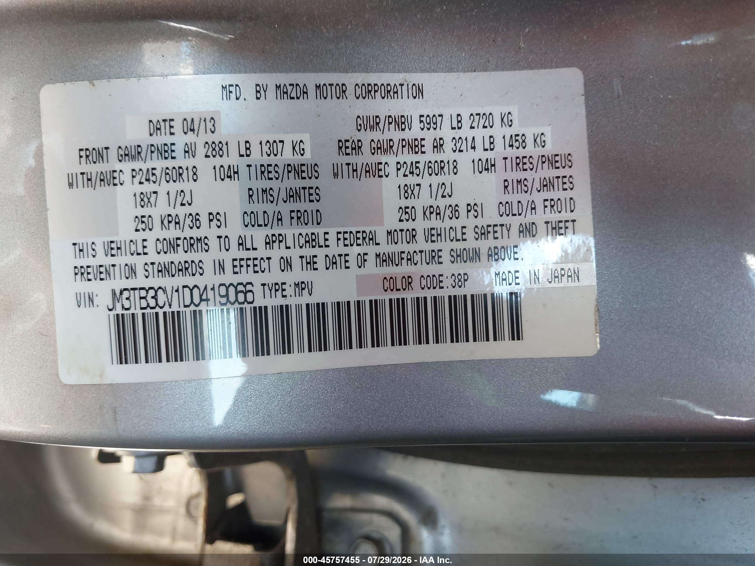 2013 Mazda Cx-9 Touring Gray vin: JM3TB3CV1D0419066