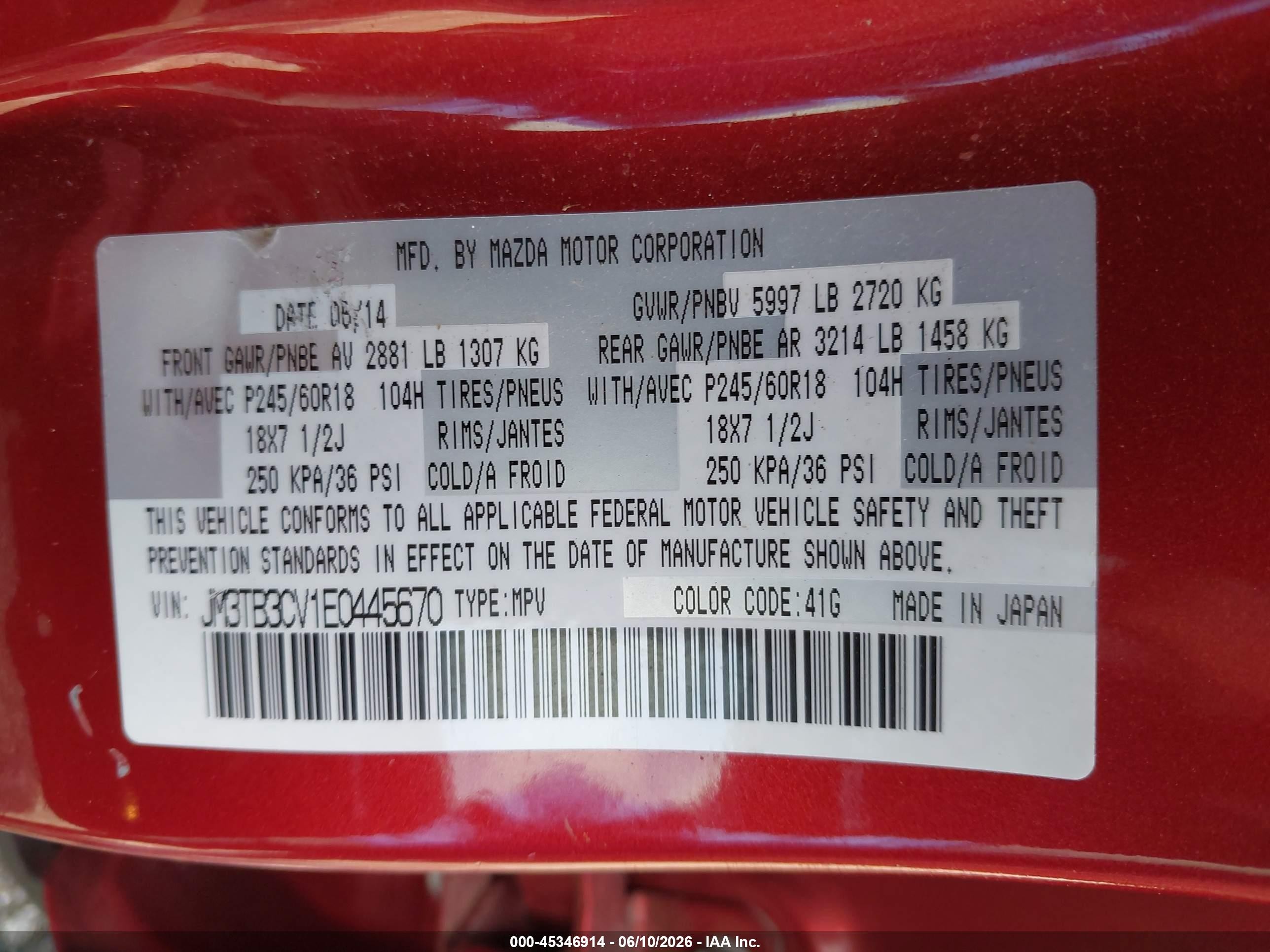 2014 Mazda Cx-9 Touring Red vin: JM3TB3CV1E0445670
