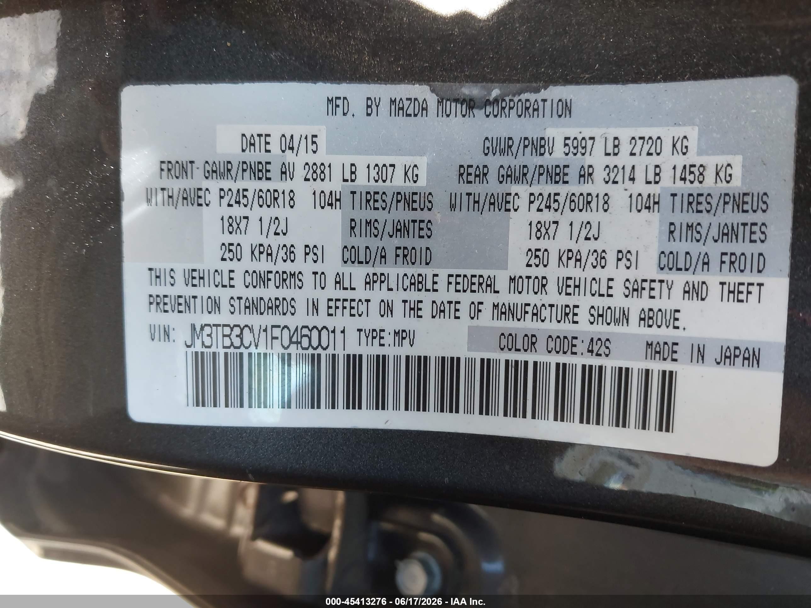 2015 Mazda Cx-9 Touring Brown vin: JM3TB3CV1F0460011